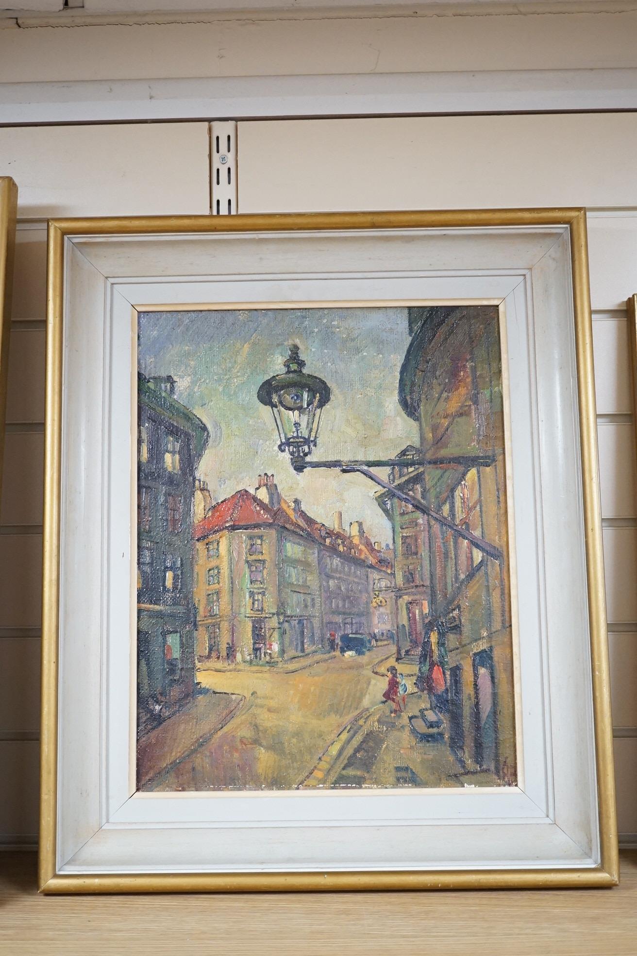 20th century, English School, oil on canvas, Street scene with figures, unsigned, 44 x 34cm. Condition - fair to good